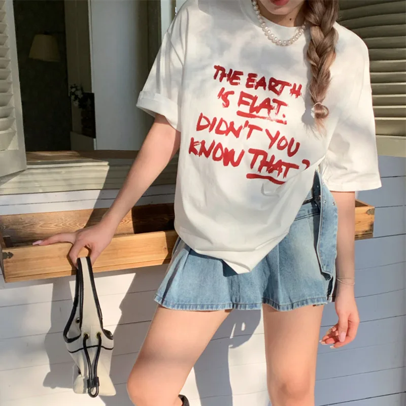 Harajuku Letter Printed Cotton Basic T-shirt Women Spring Summer 2023 Oversize Casual Loose Short Sleeve Street Tees Tops Female