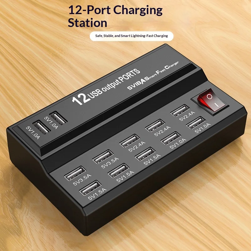 USB Charger 12-Port USB Charging Station for Multi Devices 60W USB Hub Adapter for iPhone Samsung Xiaomi Huawei Extension Socket