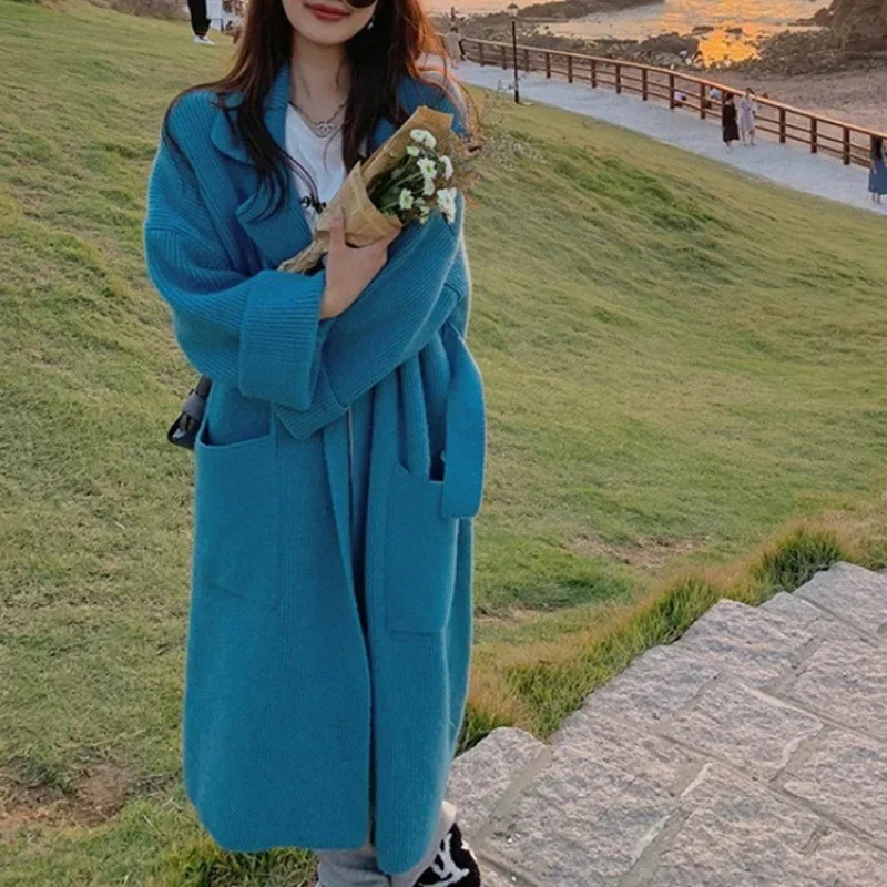 

Long Cardigan Women Autumn Winter Kinitted Sweater Loose Elegant Fashion Casual Korean Style Patchwork Solid Simple All-match