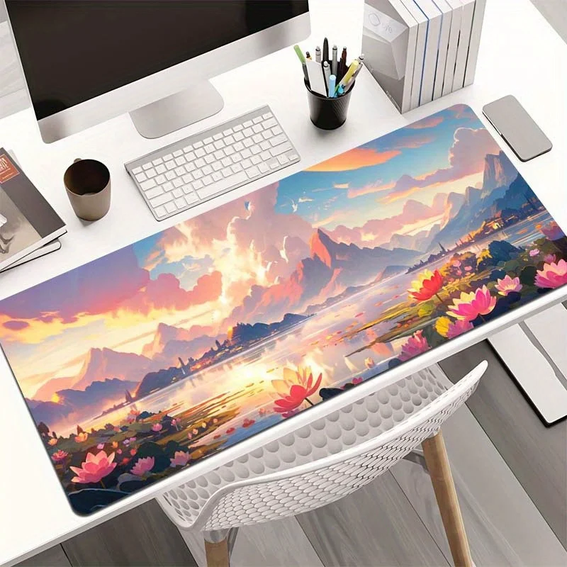 Mountain Lake Lotus Landscape Desk Mat Extra Wide Non Slip Gaming Mouse Pad Durable Rubber Office Pad