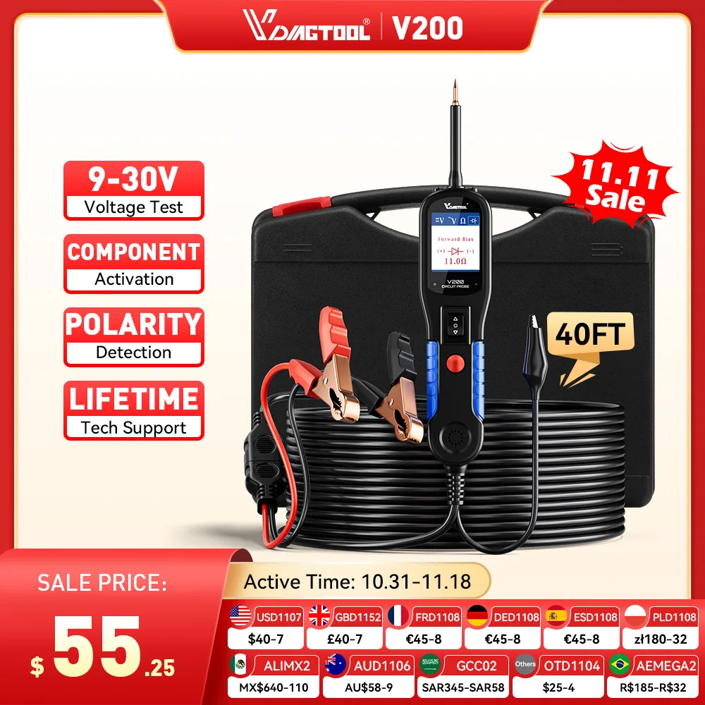 VDIAGTOOL V200 Car Electric Circuit Tester 6V-30V Automotive Power Probe Kit Electrical System Tester LCD Display Voltage Tester