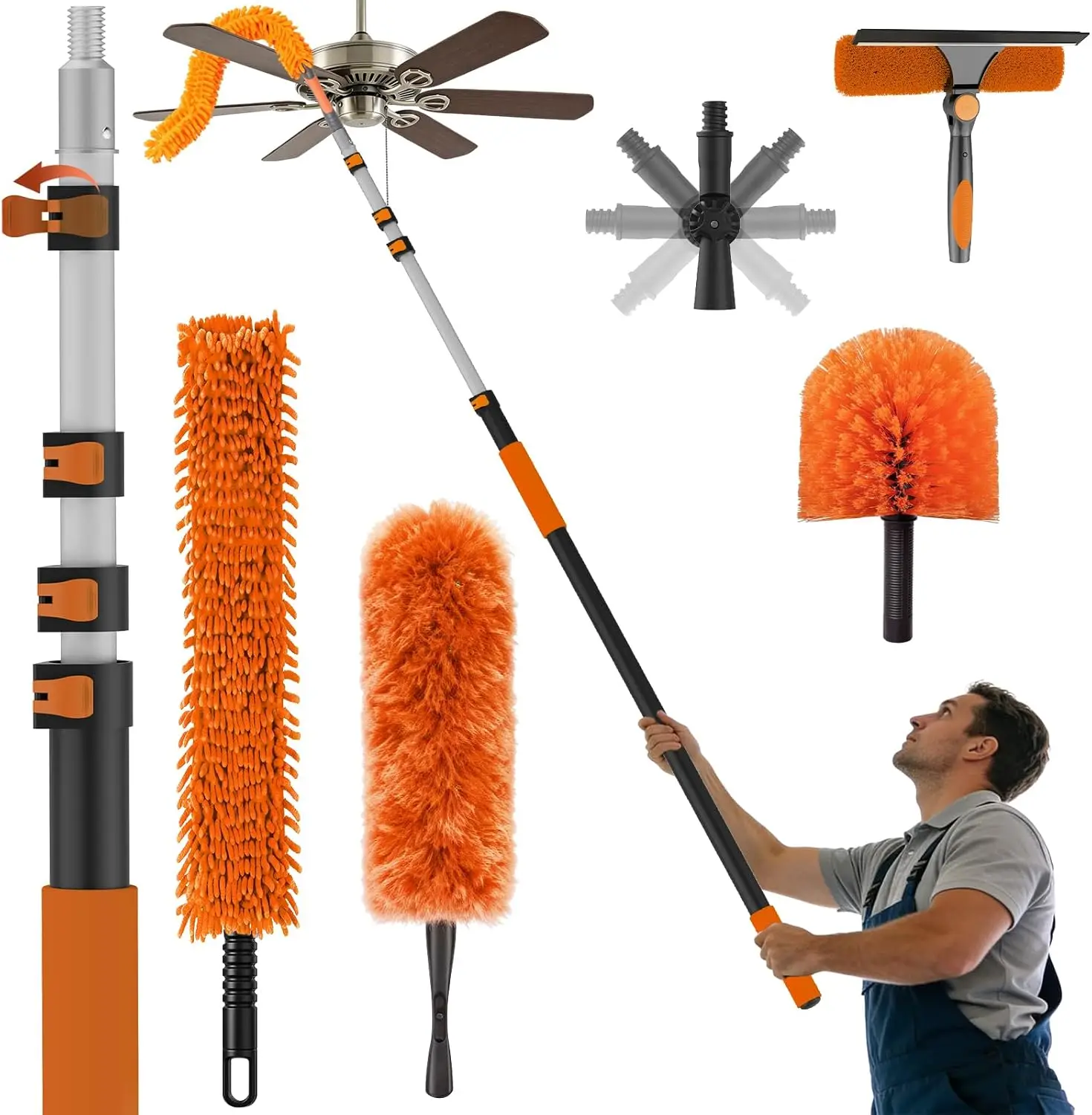 

Набор для уборки высоких потолков 16 футов с удлиненной щеткой, вращающимся скребком и щеткой для паутины для уборки всего дома