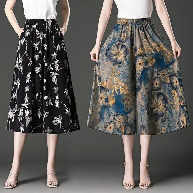 Women's Floral Print 8-points Pants High Waist Tie-dye Lightweight Wide Leg Pants Summer Loose Casual Drooping Skirt Pants