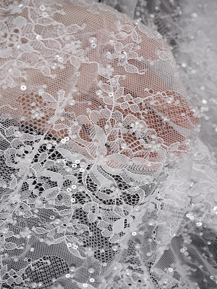 Embroidered Beaded Tube Ivory Material Glitter Tissus Wedding Dress Dry Lace Tela Mesh Beads Bridal Dress Fabric