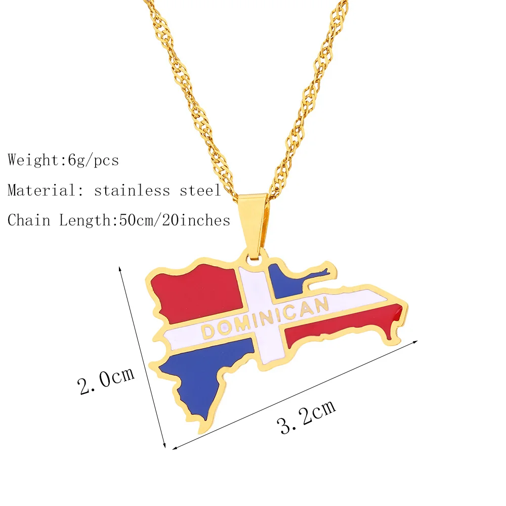 2026 US EU Hot Sale Vintage Enamel Dominican Map Flag Pendant Necklace Stainless Steel Casual Couple Accessories Christmas Gift