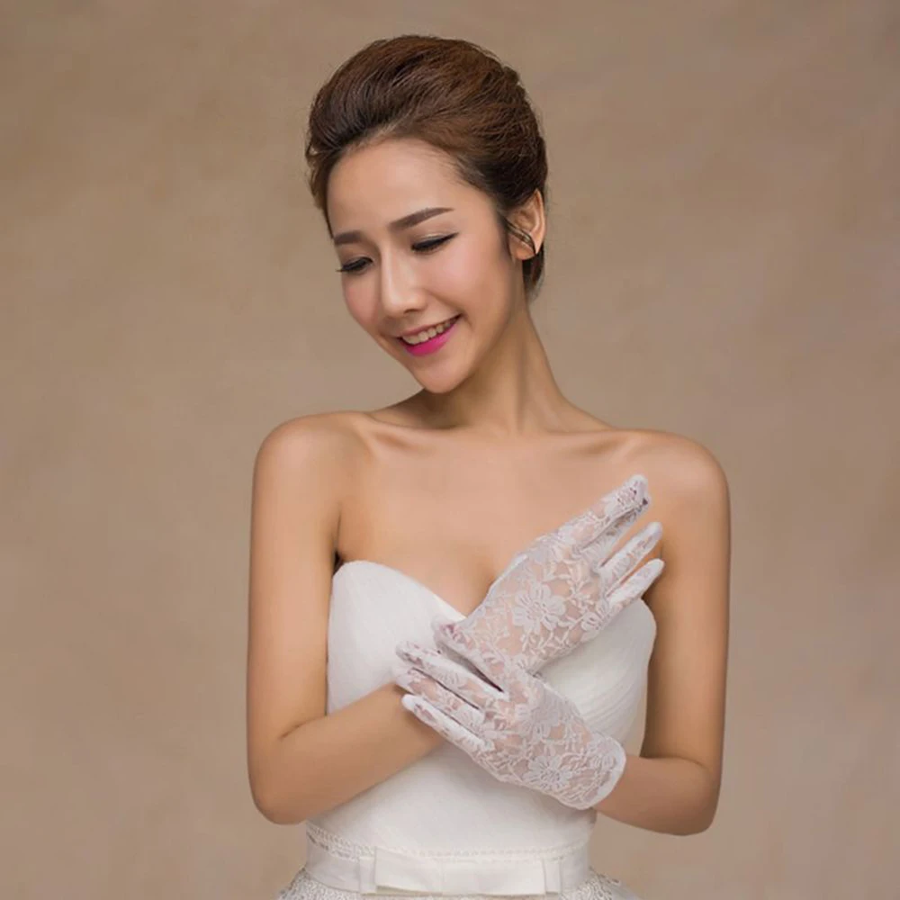 Weiß Floral Spitze Braut Hochzeit Zubehör Handschuhe Voll Gefingert Handgelenk Länge Frauen Short Handschuhe Weibliche 2022 перчатки