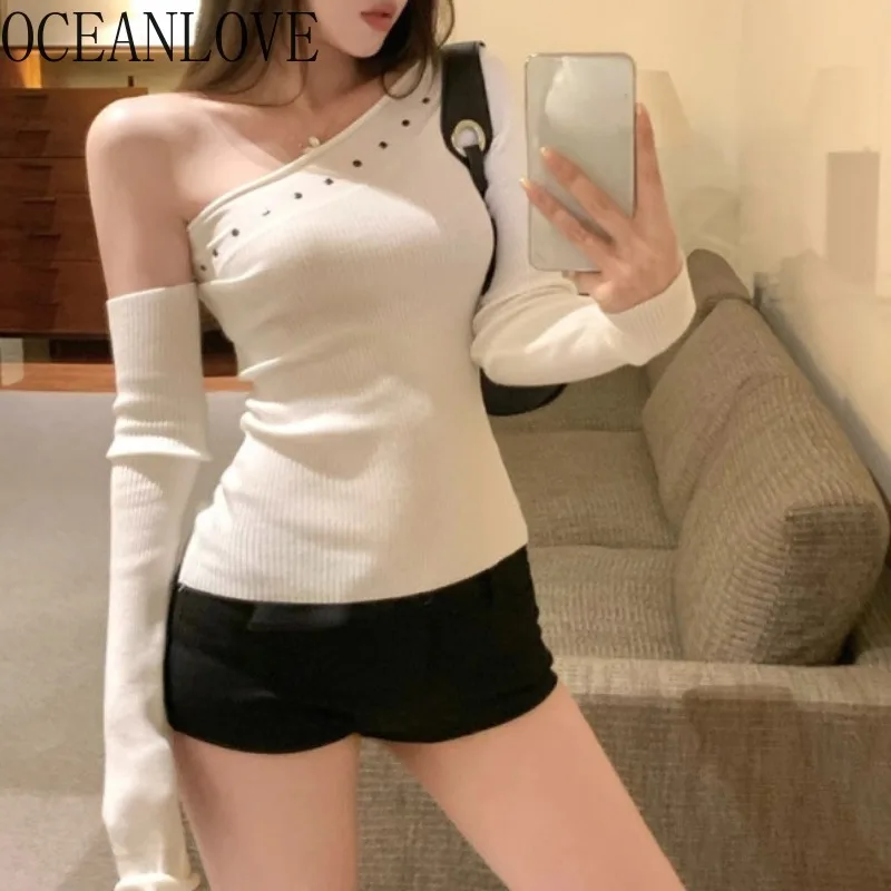 OCEANLOVE Y2k Skew Collar Women Sweaters Spring Autumn Solid Sexy Short Pullovers Korean Fashion Rivets Vintage Sueter Mujer