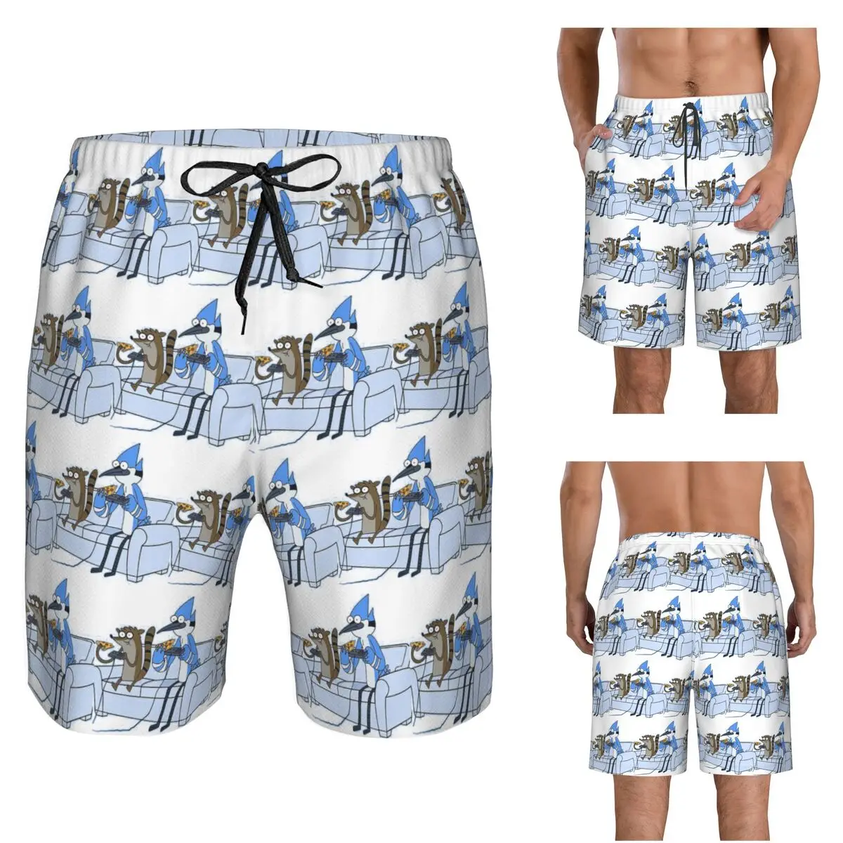 Mordecai And Rigby Pizza And Video Games Trunks Beach Board Shorts Casual Quick Dry Swim Summer Men Pants