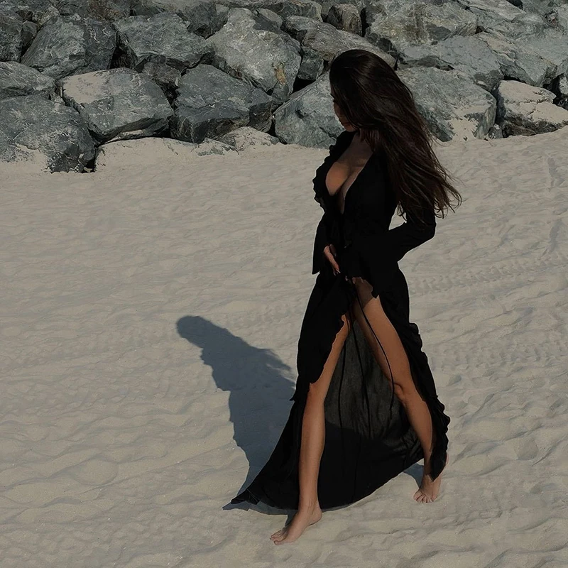 Nouveau Sexy col en V à volants à manches longues en mousseline de soie tunique plage couvrir robe de plage vêtements de plage vêtements de plage femmes