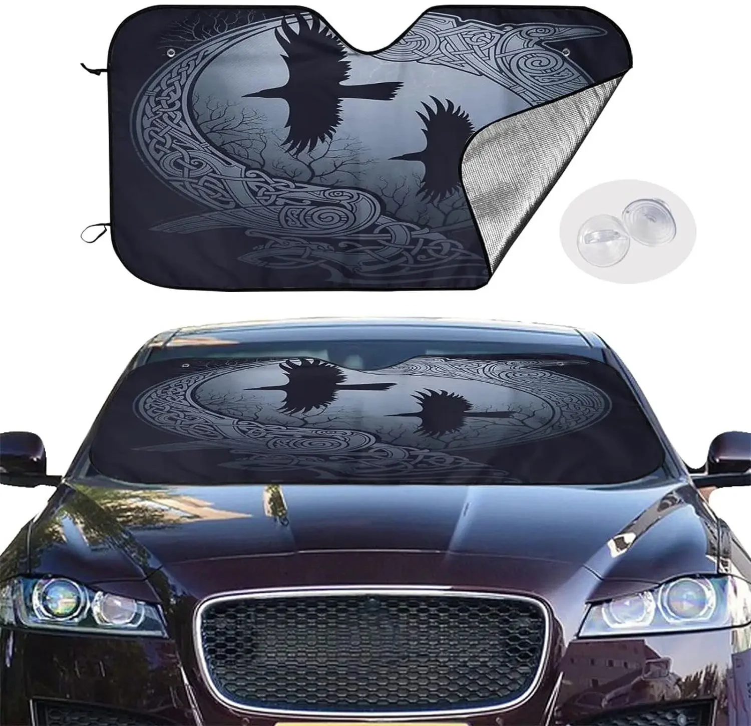 Viking Norse Rune with Odin Ravens Sun Shade Front Window Sunshade for Most Sedans SUV Blocks Max Uv Rays Keep Your Vehicle Cool