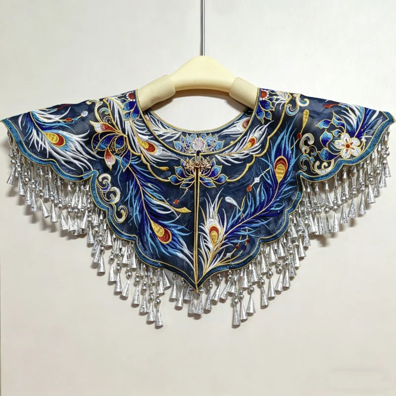 Cloud Shoulder Embroidered Miao Silver Tassel Retro Chinese Style Shirt Qipao Horse-Face Skirt Fake Collar Hanfu Shawl Cloak