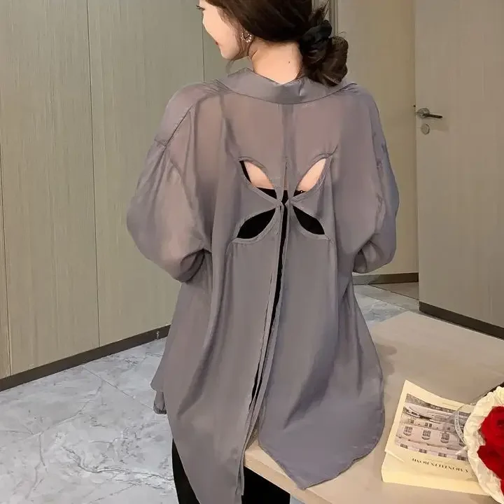 

Summer Hollow-out Long Sleeve Blouse Women's Loose New Style Back Open Sweater Ribbon Design Fashionable Shirt