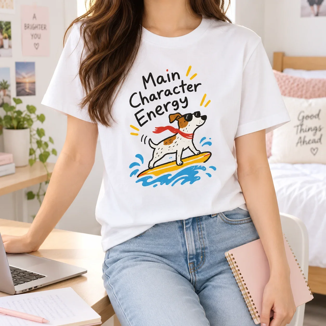 HeavyweighWomen T Shirt Main Character Energy Surfing Dog Graphic Tee Casual Streetwear Top