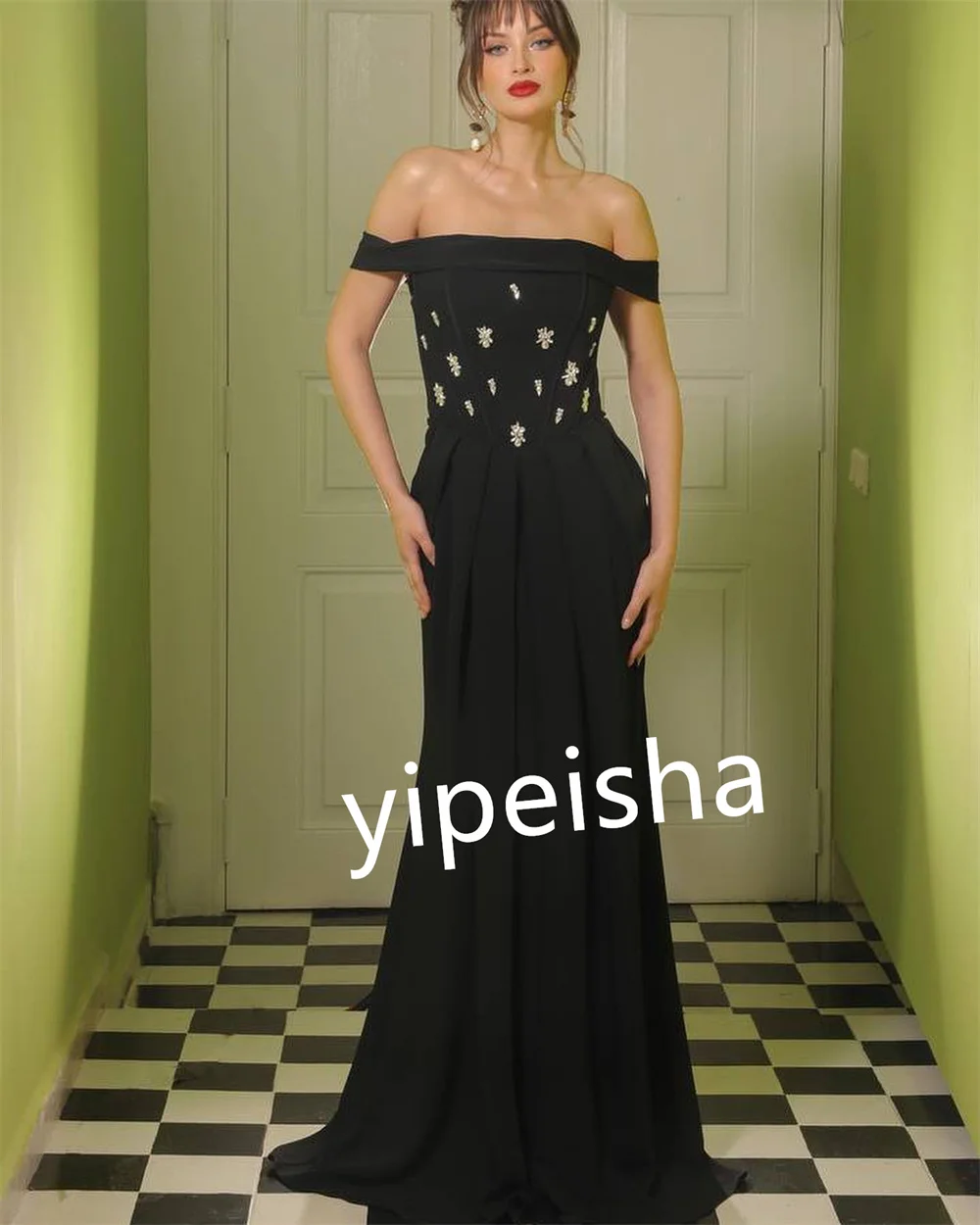 Customized Jersey Draped Beading Prom A-line Off-the-shoulder Bespoke Occasion Gown Long Dresses