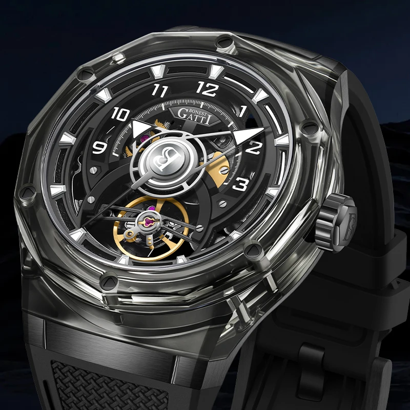 

BONEST GATTI Automatic Watch Transparent Case Mechanical Wristwatch Rubber Strap Skeleton Dial Watches For Men