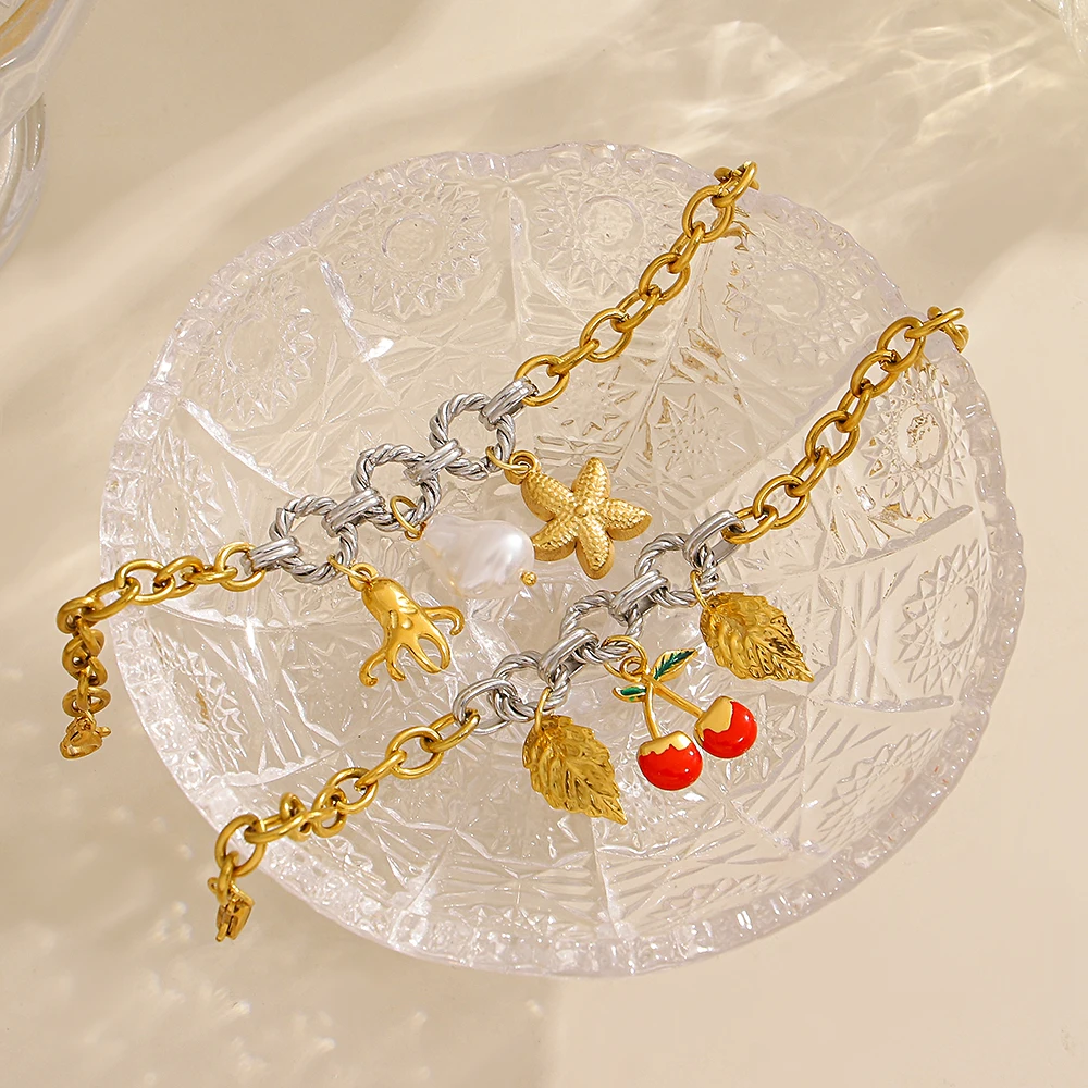 

Creative Stainless Steel Multilayer Stacked Chain Bracelet Women Cute Cherry Strawberry Heart Flower Pendant Bracelet Jewelry