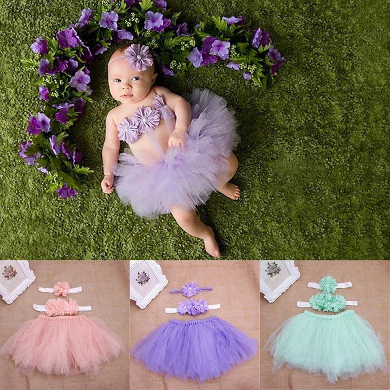 

New Baby Newborn Photography Props Cute Princess Infant Costume Outfit with Flower Headband Baby Girl Summer Dress Tutu Skirt