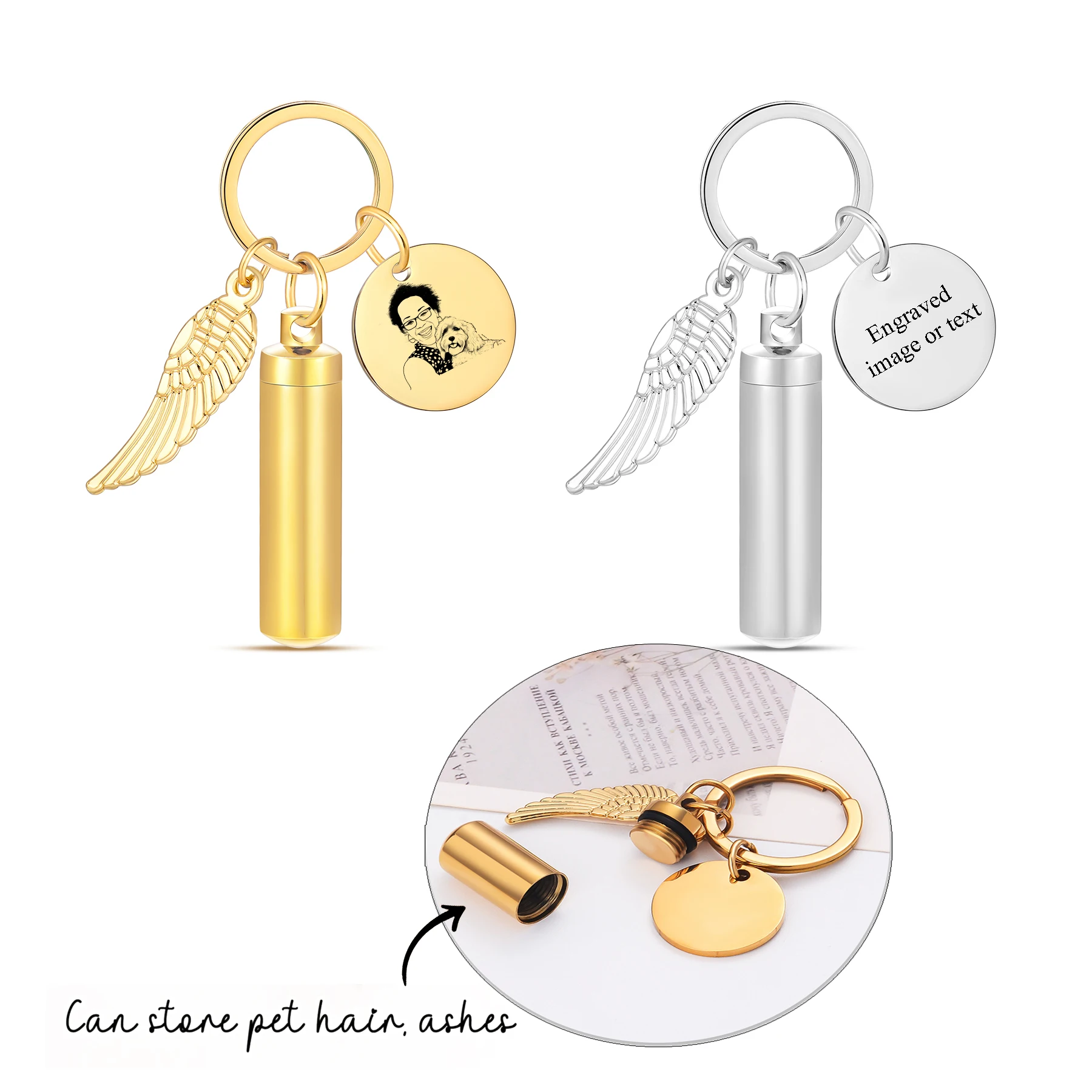 

Брелок-цилиндр из нержавеющей стали с крылом, круглая урна для праха животных/человеков, с гравировкой изображения и текста, персонализированный ювелирный подарок