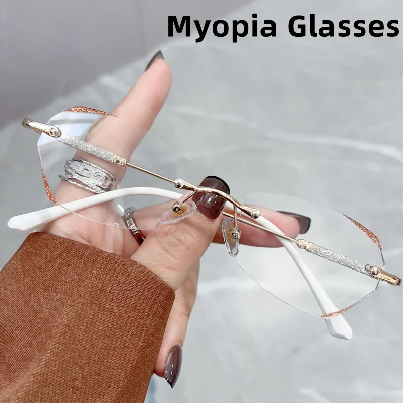 

NEW Myopia Glasses Luxury Women Rimless Diamond Cutting Frame Eyeglasses Ladies Anti Blue Light Finished Optical Eyewear Diopter