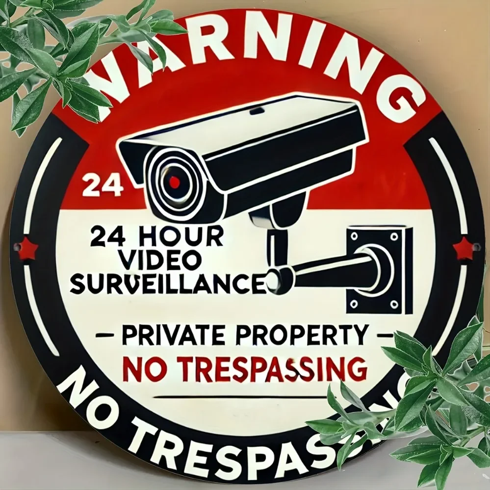 Vintage-Style 24-Hour Video Surveillance Sign - Iron Warning Security Camera Sign for Private Property, No Trespassing Outdoor