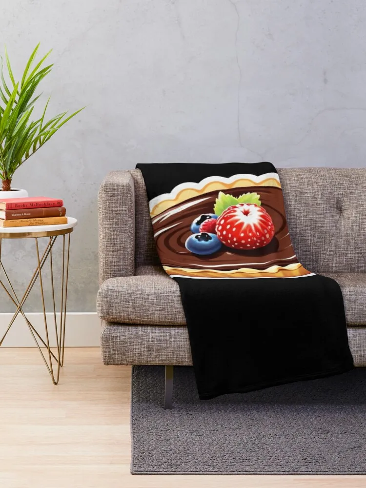 cute cartoon chocolate tart with strawberry and blueberry Throw Blanket Decorative Sofas Decoratives Blankets