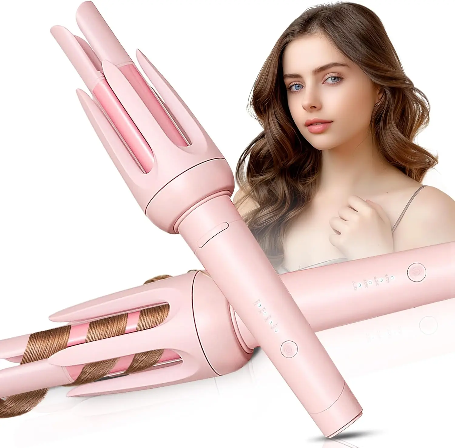 

Automatic Hair Curler with 4 Temp & 3 Timer, Anti-Scald Rotating Wand for Styling, Pink
