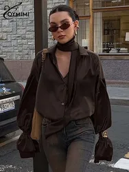 Oymimi Elegant Brown Lapel Women's Blouse Fashion Long Sleeve Single Breasted Shirts Casual Solid Loose Blouses Female Clothing