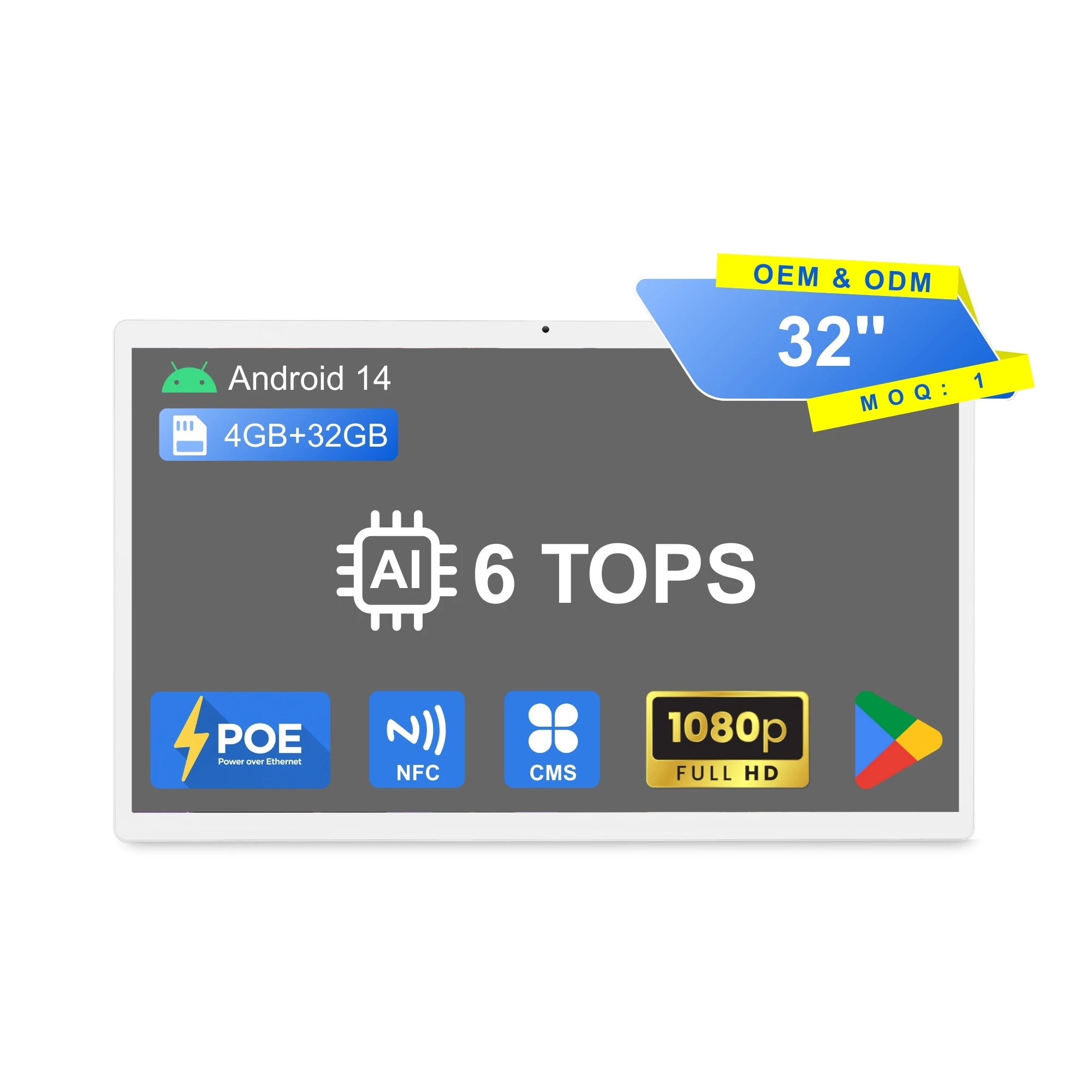 

32-Inch Android 14 Wall-mounted Digital Signage Display With 4 + 64gb, Optional POE/NFC, And 6 Business AI Touchscreens