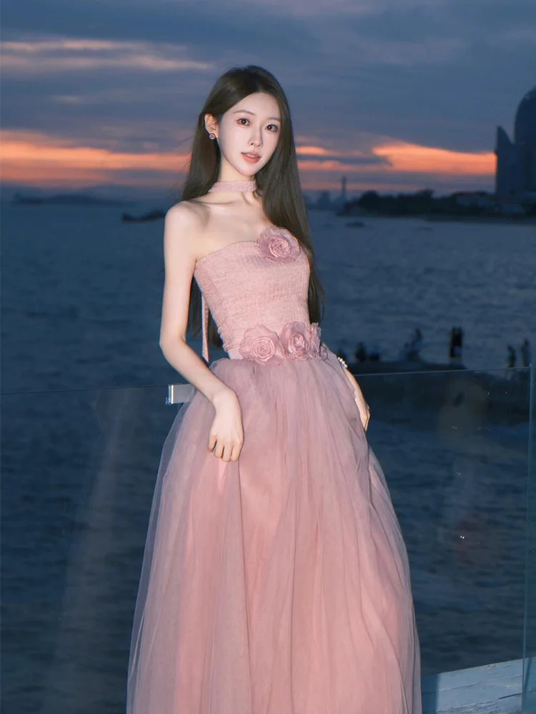 

Clothland Women Stylish Pink Two Piece Suit Dress Sleeveless Crop Top Long Mesh Skirts Party Event Set Mujer QE235