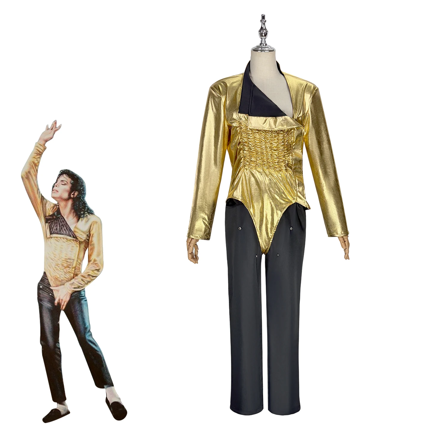 Adult Michael Jackson Cosplay BAD Dangerous Jam Golden Bodysuit Costume Impersonator Dance Cover Party Outfit Jumpsuit Uniform view 2
