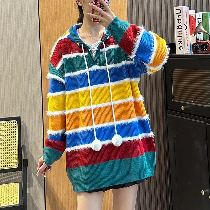 

Hsa New Rainbow Striped Hoodied Pullover Sweater 2023 O-neck Knitted Loose Versatile Girls Sweet Knitwear Long Sleeve Chic Top