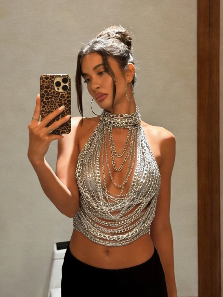 Silver Metal Chain Halter Top Sexy Layered Body Chain Vest Women Festival Rave Party Clubwear Lingerie Jewelry Accessory