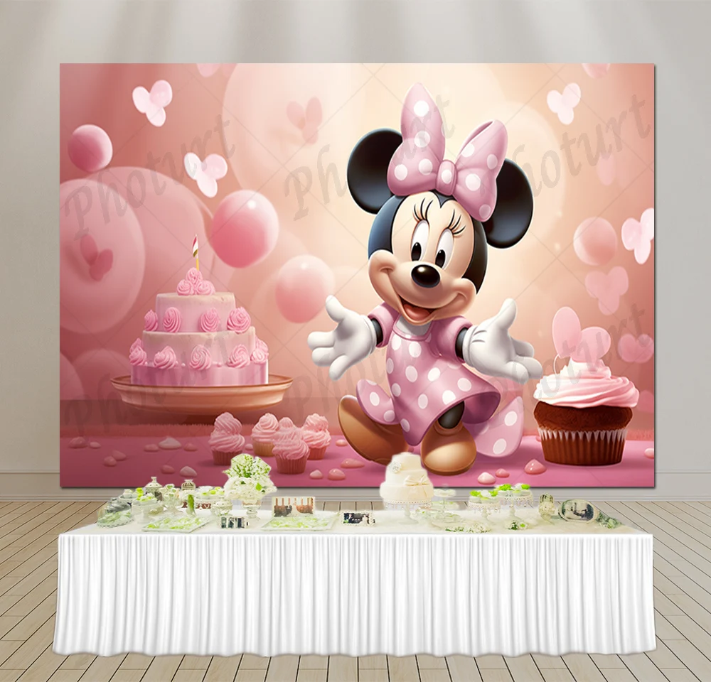 Disney Cute Pink Minnie Mouse Backdrop Kids Birthday Background Disneyland Vinyl Polyester Photography Studios Decoration Props