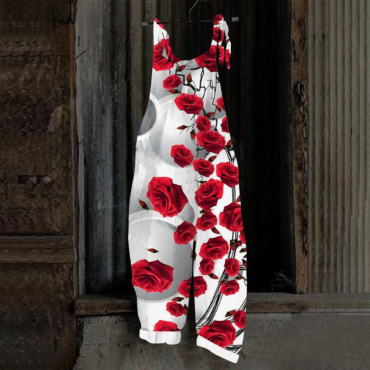 2026 New Red Rose Floral Print Sleeveless Overalls Women Casual Loose Wide Leg Jumpsuit Elegant Flower Rompers For Summer Party