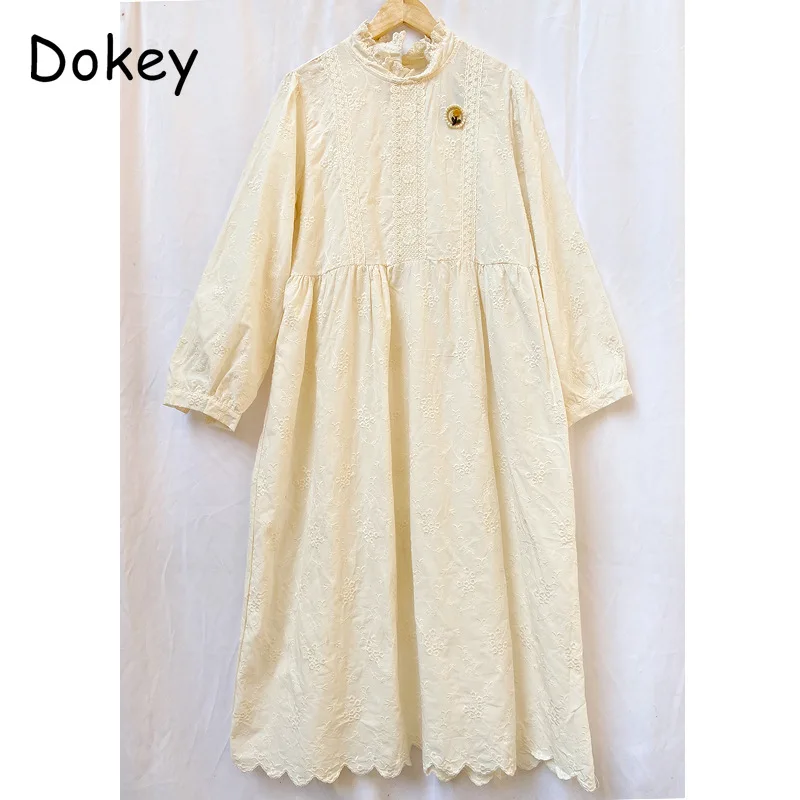 Vintage Embroidery White Long Sleeve Dress For Women Autumn Japan Style Mori Girl Stand Collar Cotton Linen Dress Casual Vestido