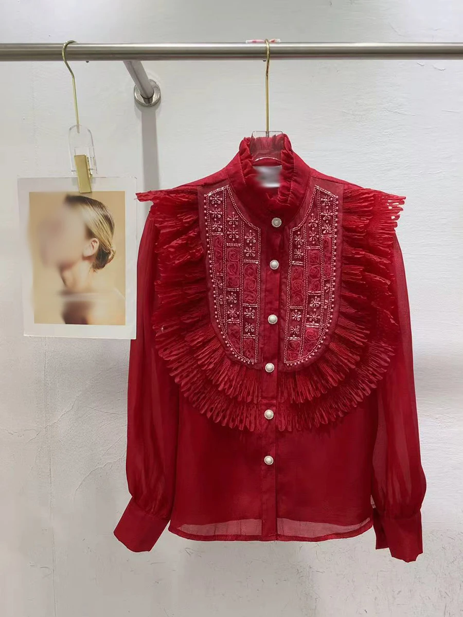 GALCAUR solide épissé perles chemise élégante femme col montant à manches longues en vrac français luxe femmes chemises automne mode