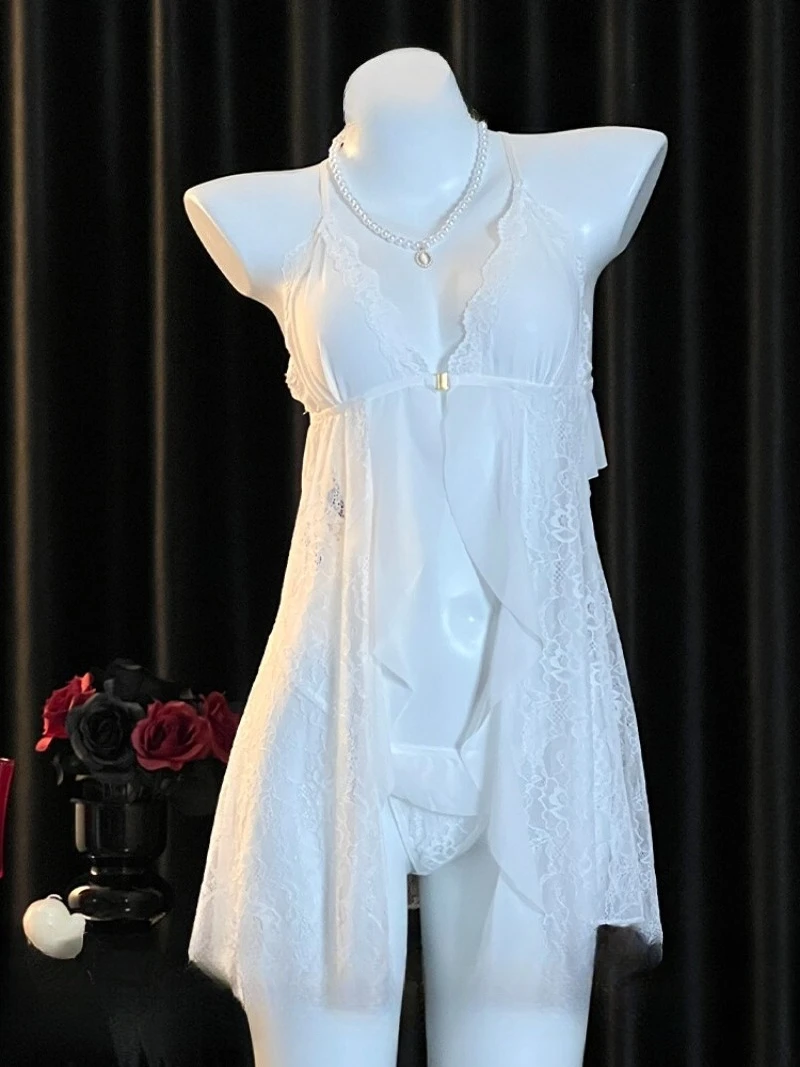 

Чувственная кружевная прозрачная ночная рубашка с лямкой на шее, сексуальная одежда для сна с разрезом для женщин, женственное сетчатое платье Allure, элегантный сказочный стиль