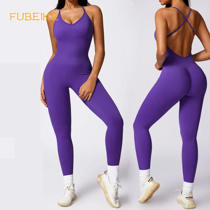 

FUBEIKE Bodycon Jumpsuit Women Full Seasons Casual Beauty Back Seamless Fitness Sports Playsuit Sleeveless Slim One-Piece Suits