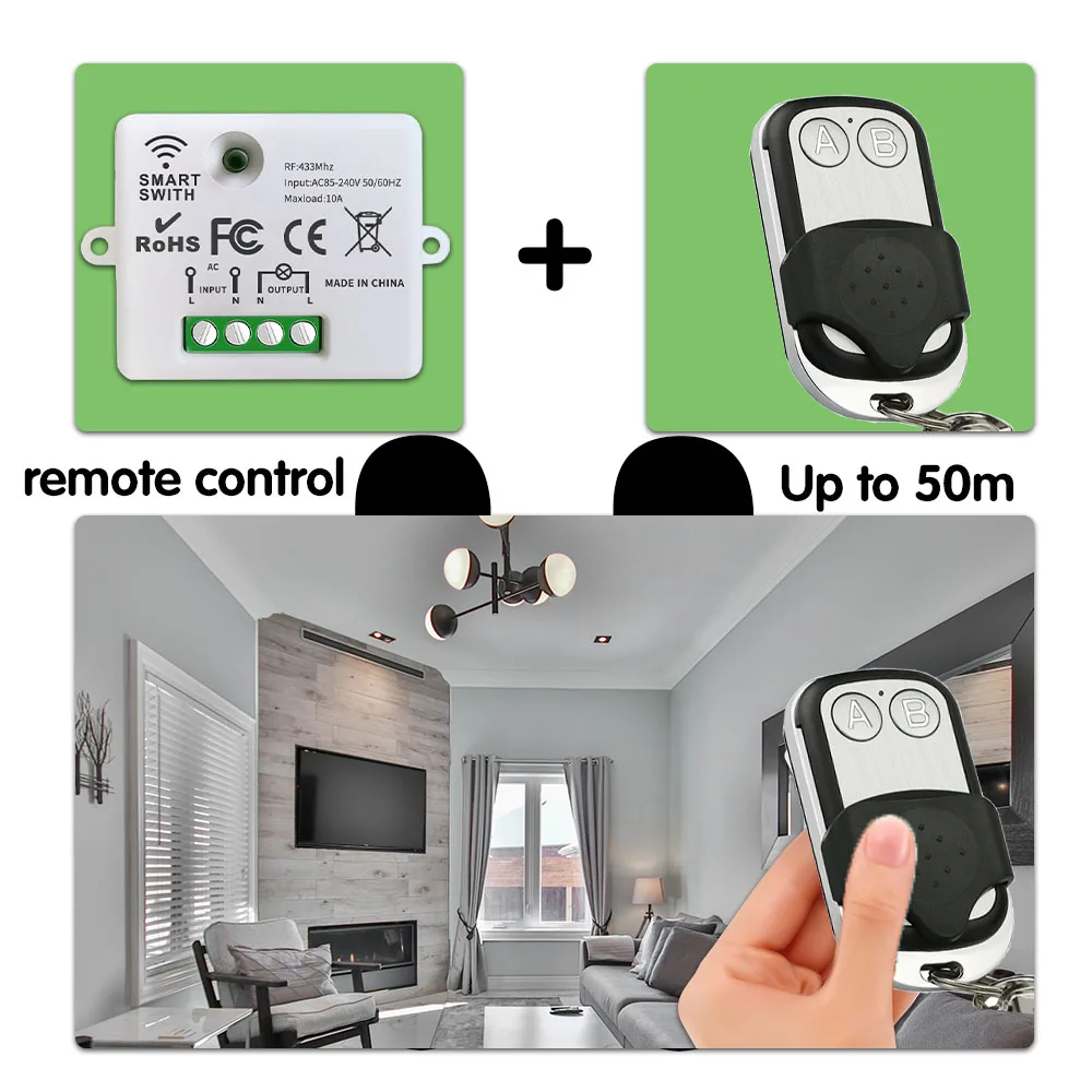 433mhz Universal Remote Control Switch AC 110 220V 10A 1Ch Relay Receiver and 2 Button RF Transmitter for Led Fan Home Appliance