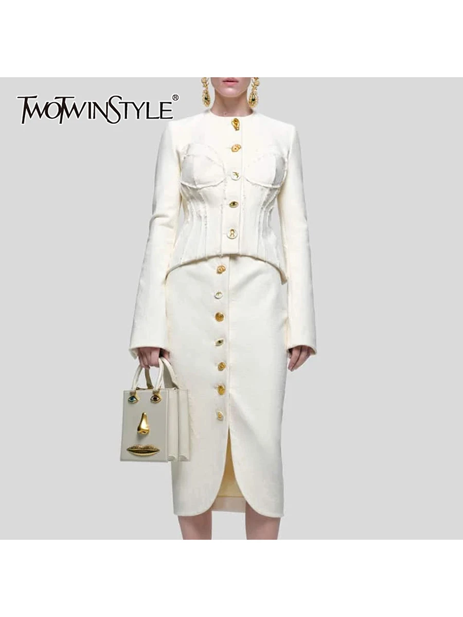 TWOTWINSTYLE Solid Spliced Single Breasted Two Piece Sets for Women O Neck Long Sleeves Top High Waist Split Skirt Set Female
