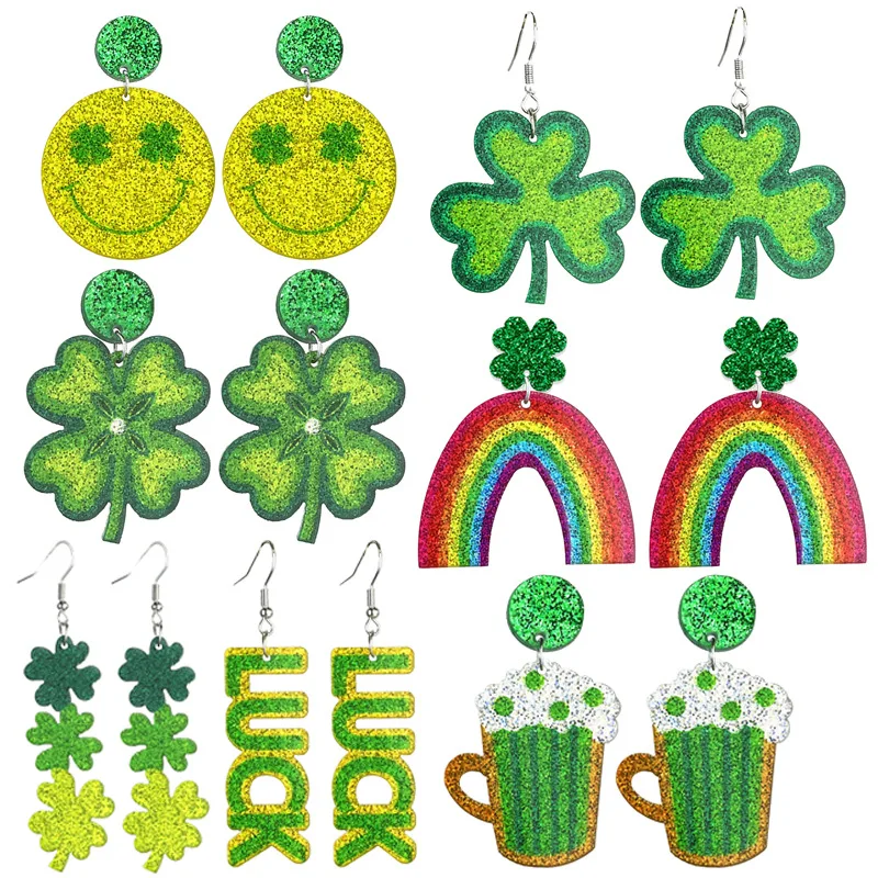 Green Glitter St. Patrick’s Day Earrings for Women | Green Leaf Clover/Shamrock/Rainbow/Beer St. Patrick's Day Acrylic Earrings