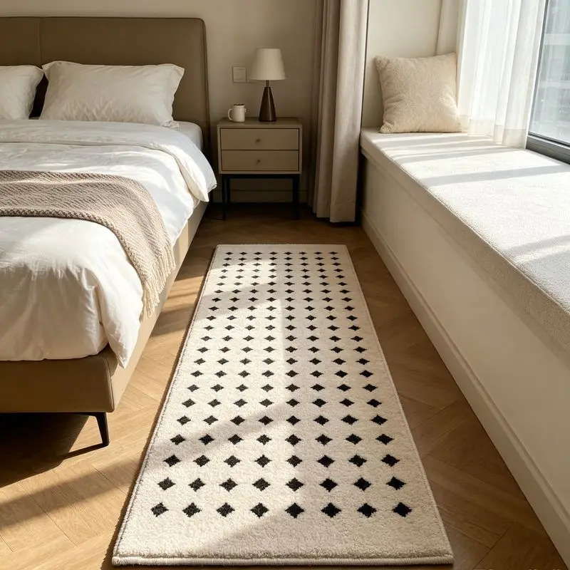 VIKAMA Cream Minimalist Striped Plush Strip Carpet Bedroom Bedside Carpet Float Window Mat Soft Anti Slip Home Decoration