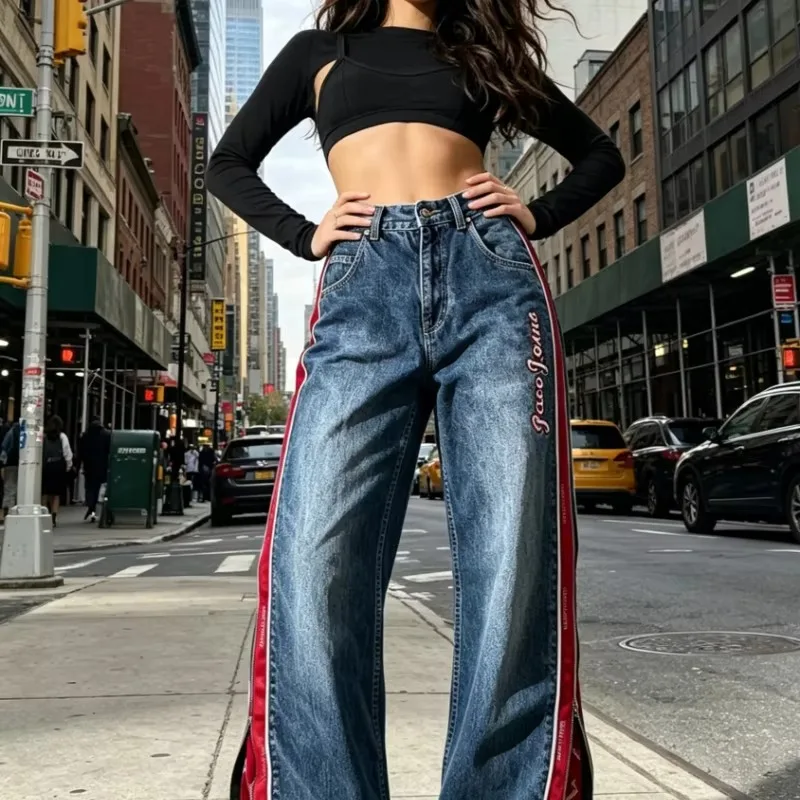 2026 New American Hip Hop Wild Letter Embroidered Pants Y2K Gothic Unisex High-Waist Loose Straight-Leg Wide-Leg Jeans