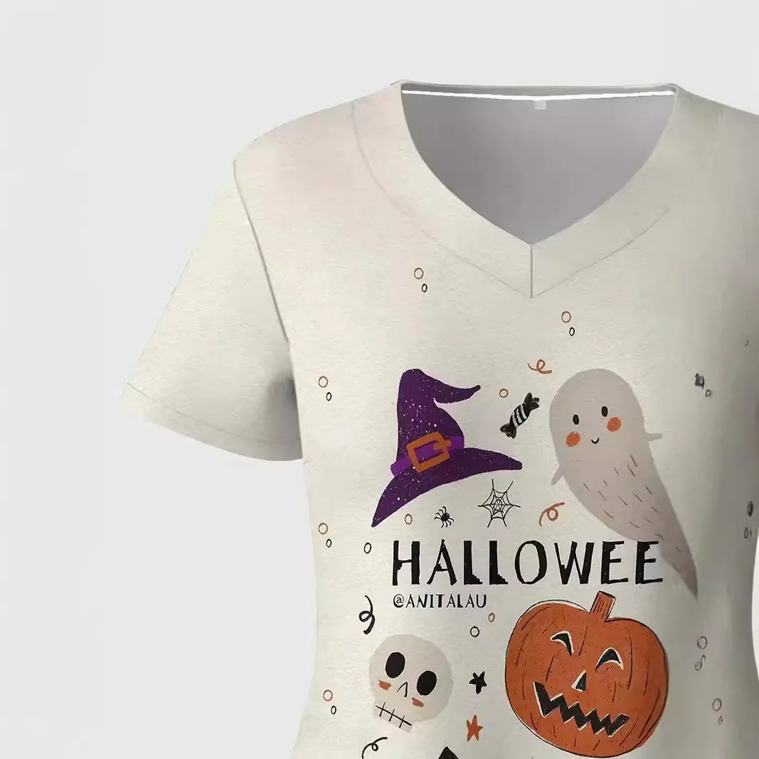 Women\'s V-neck short sleeved T-shirt top nursing uniform Halloween series cartoon pumpkin ghost 3D printed nursing work uniform