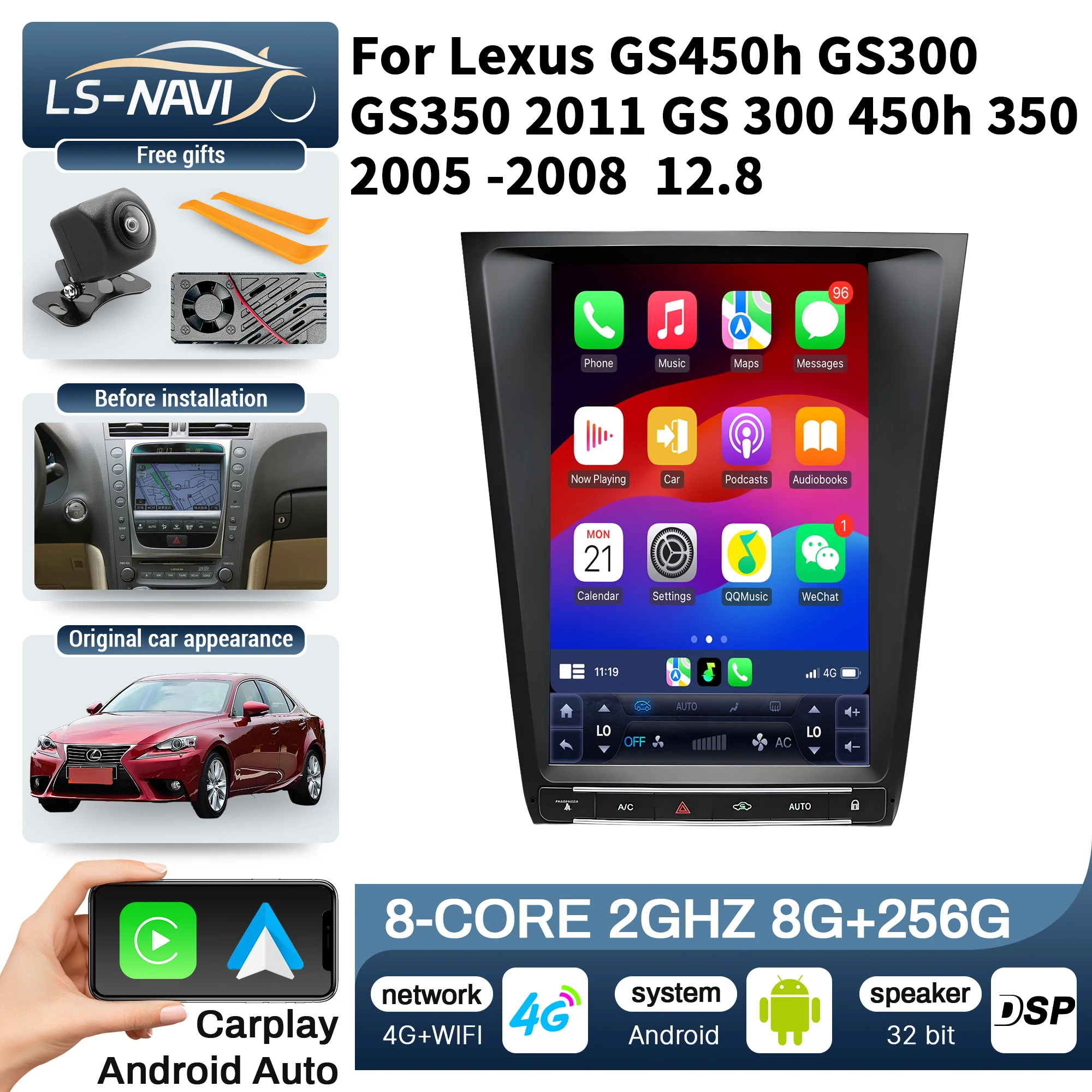 

12,8-дюймовый беспроводной стерео с сенсорным экраном CarPlay для Lexus GS450h GS300 GS350 2005-2008, автомобильный радиоприемник 2 DIN 760*1024 пикселей, поддержка USB TF