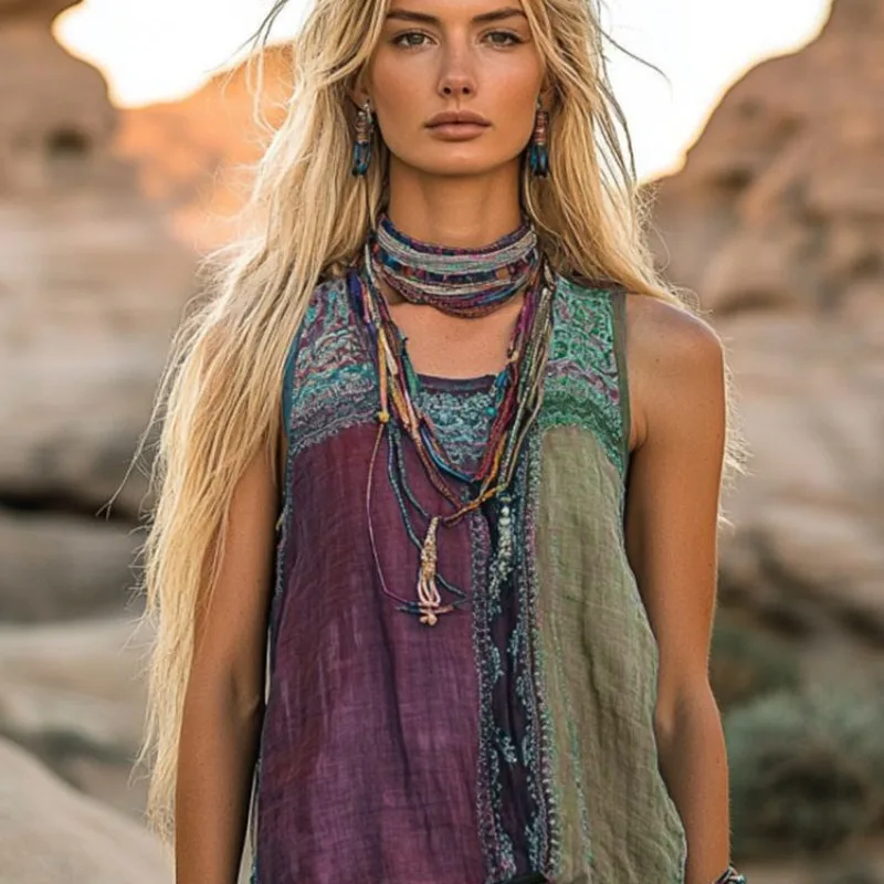 A New Summer Collection of European and American Women's Clothing Featuring Plant and Floral Prints Round-neck Tribal Vest Tops