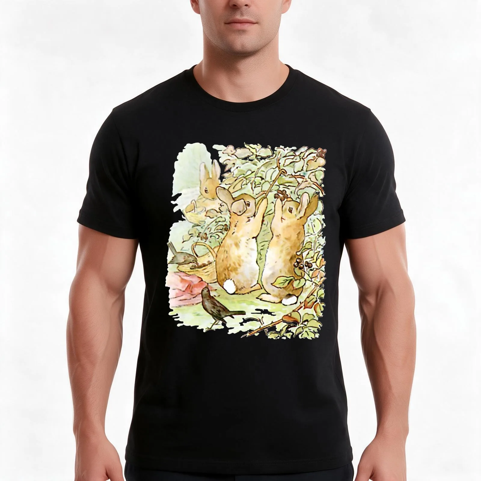 Flopsy, Mopsy and Cottontail picking berries T-Shirt, Summer Casual Cotton Tee, Oversized Streetwear Tops, Vintage Graphic Print