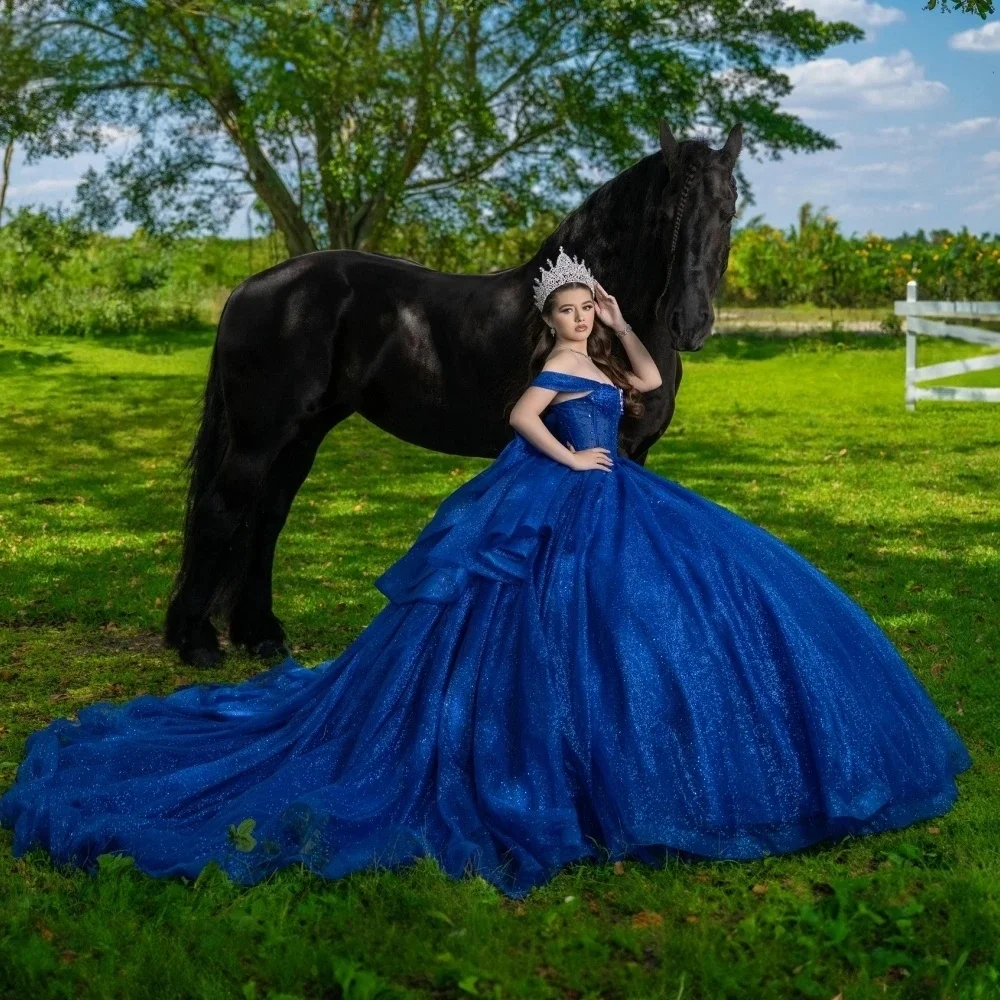 

Royal Blue Charro Quinceanera Dresses Ball Gown Off The Shoulder Pearls Mexican Sweet 16 Dresses 15 Anos Customized