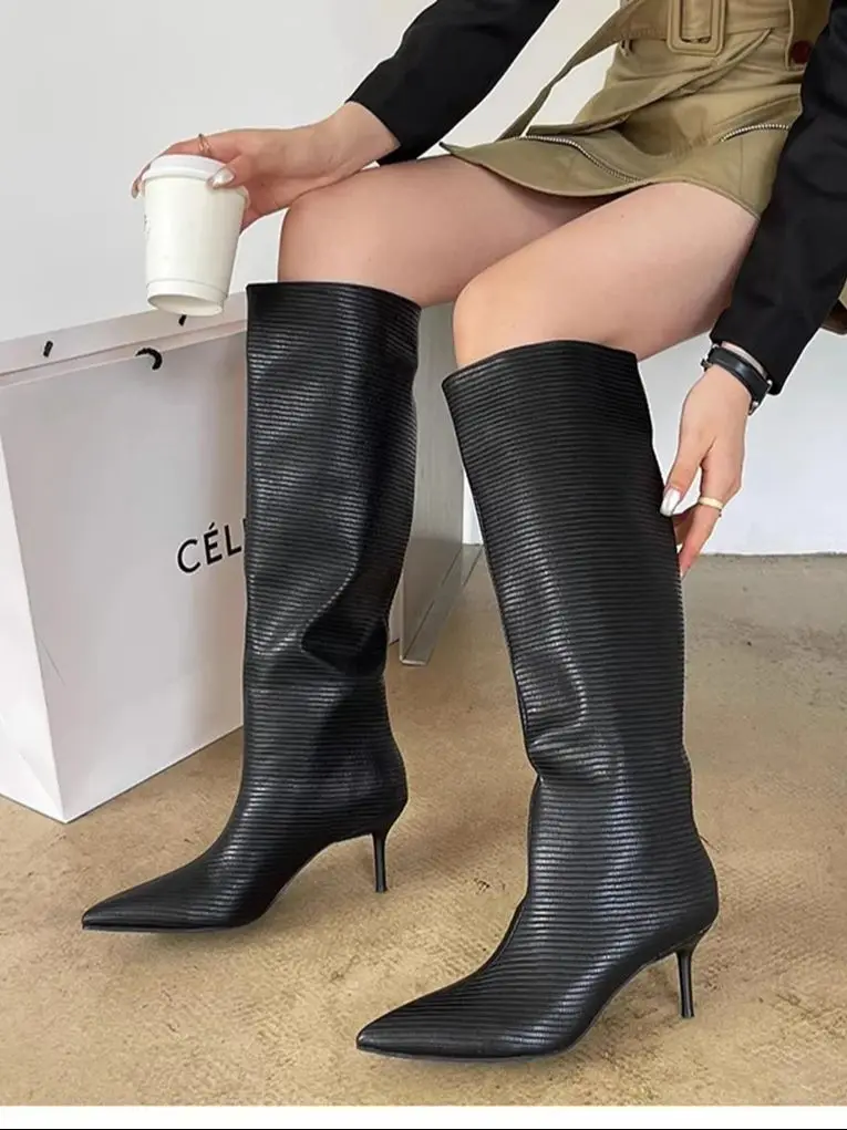 Fashion Women Knee High Boots Pointed Toe Chelsea Botas Thin High Heels Black White Slip On Winter Knight Botas Size 35-40