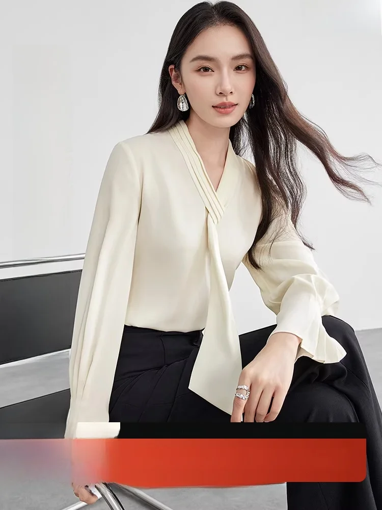 

Ele Pure Color irt Women's Spring 2026 New Sle Faionable Accordion Pleat Design Chiffon Top V-ne Long Sve